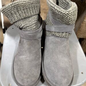 UGG Grey Suede Knit-Cuff Ankle Booties with Strap